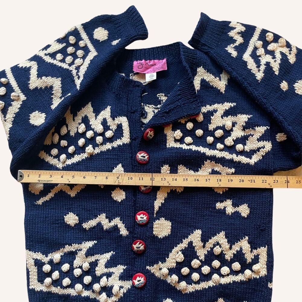 Liz Newman sweater 1987, blue + white, clay buttons XL - Picture 6 of 8